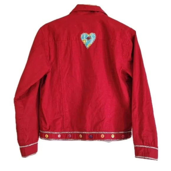 Vintage Applique Jacket Womens Mediun Wearable Art Red Patchwork Buttons - Picture 3 of 7